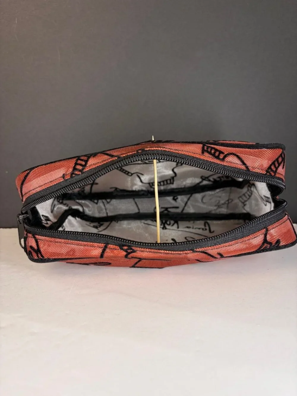 Sonia Rykiel Paris Orange Mesh Cosmetic Bag Makeup Pouch Script Sweater Print